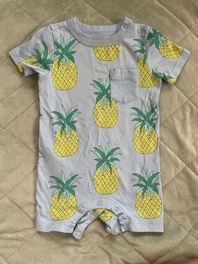 Pineapple Print Pocket Romper - Yellow & Green on Light Blue